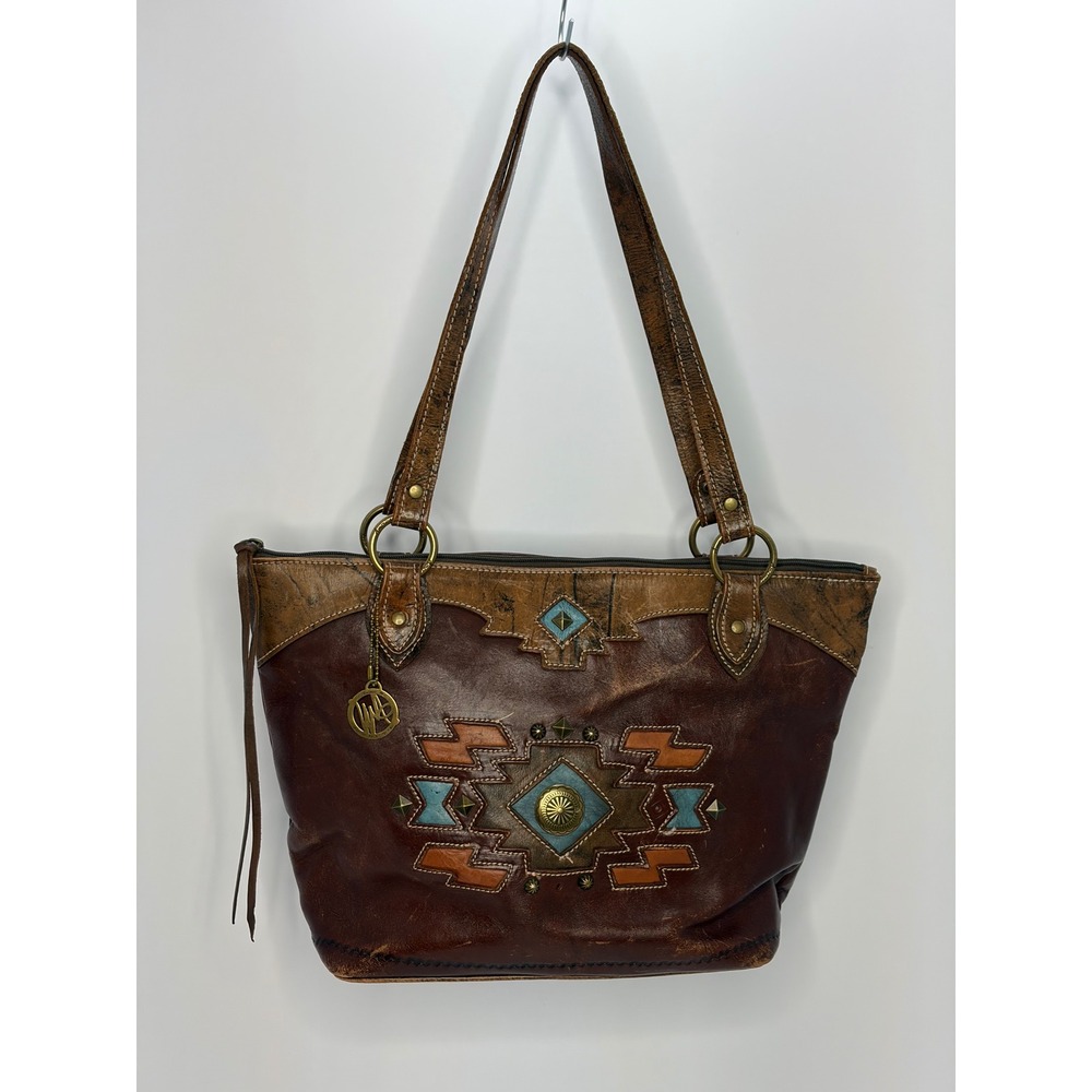 American West Brown Leather Southwestern Inlay Tote Bag Shoulder Purse Concho